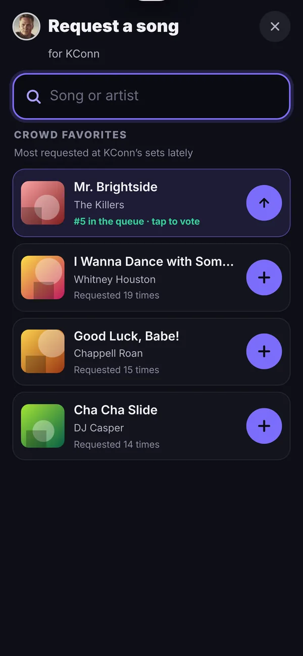 Crowd favorites list on the request screen