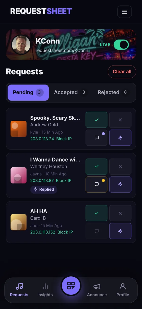 DJ dashboard with pending requests