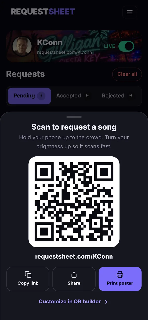 QR code sheet with print poster button