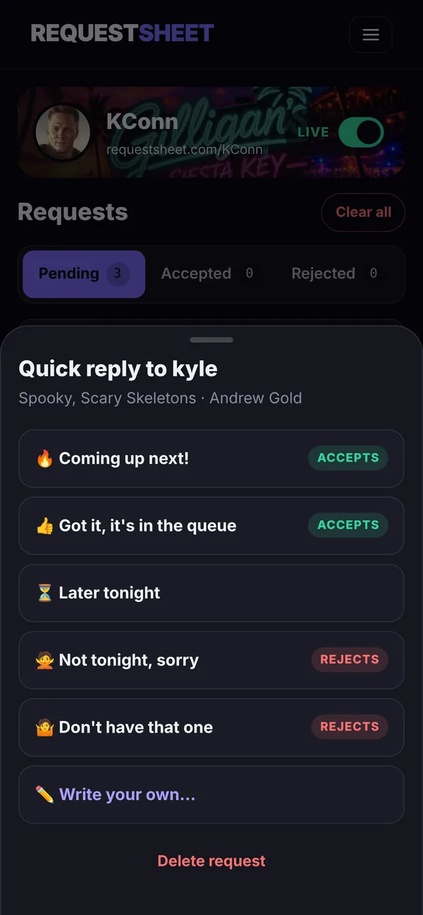 DJ quick reply options on the dashboard