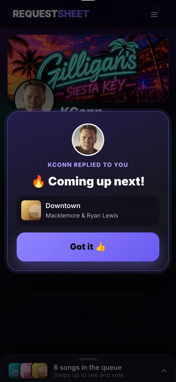 Fan sees the DJ reply Coming up next