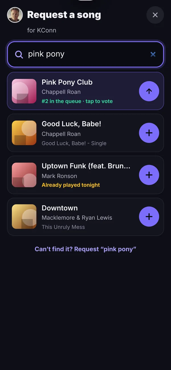 Search results showing a song already in the queue
