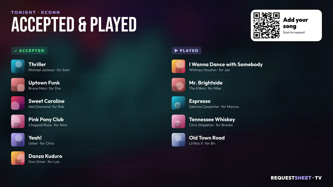 RequestSheet TV showing accepted and played songs
