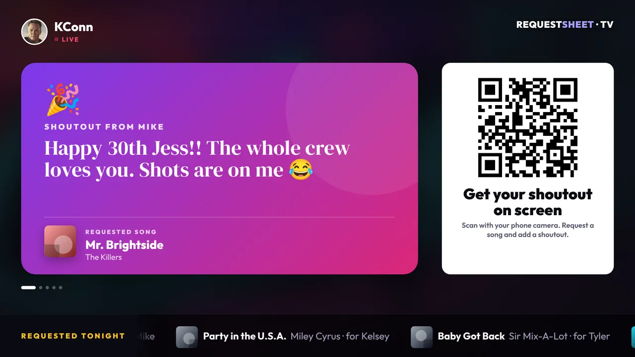 RequestSheet TV showing a birthday shoutout and a QR code